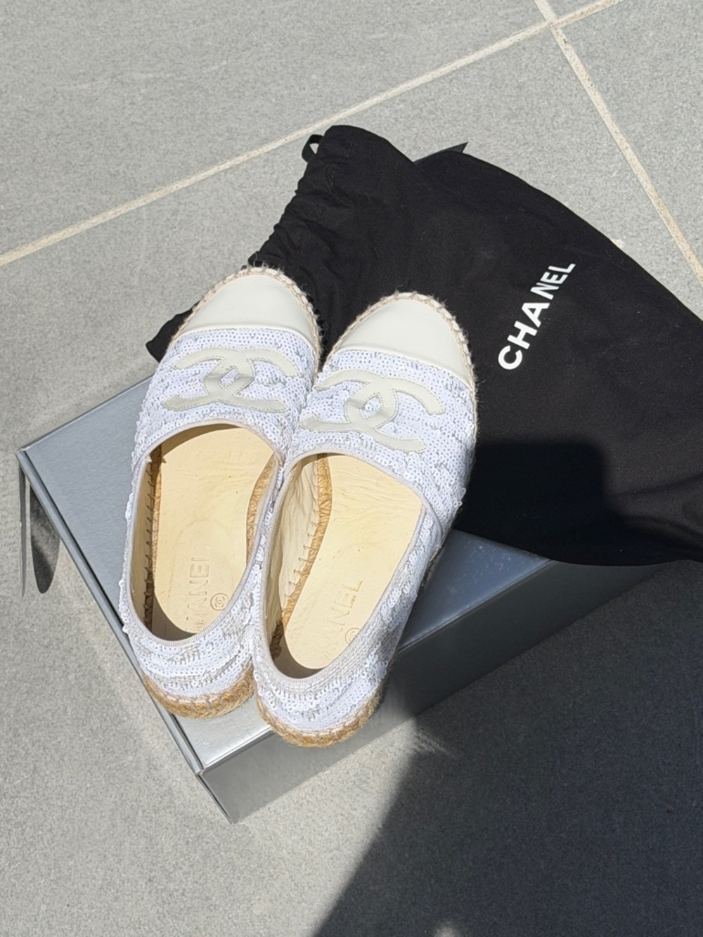 CHANEL Cream and White Sequined Espadrille Flats - Picture 2 of 14